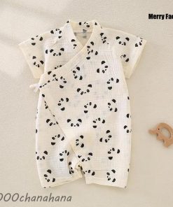 ベビー甚平ロンパース ガーゼ素材 男の子 女の子 パンダ 可愛い 半袖 浴衣 赤ちゃん ロンパース 甚平オール 出産祝い 子供 ベビー服 パジャマ 新