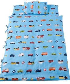 フジキ 日本製 Wガーゼ 携帯用 お昼寝布団7点セット くるまパーク ブルー 収納バッグ付き 紐タイプ 通園 園児 保育園 フジキ★